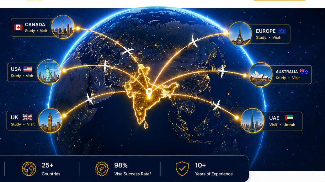 Glowing world map with India and international destinations Canada USA UK Europe Australia and UAE
